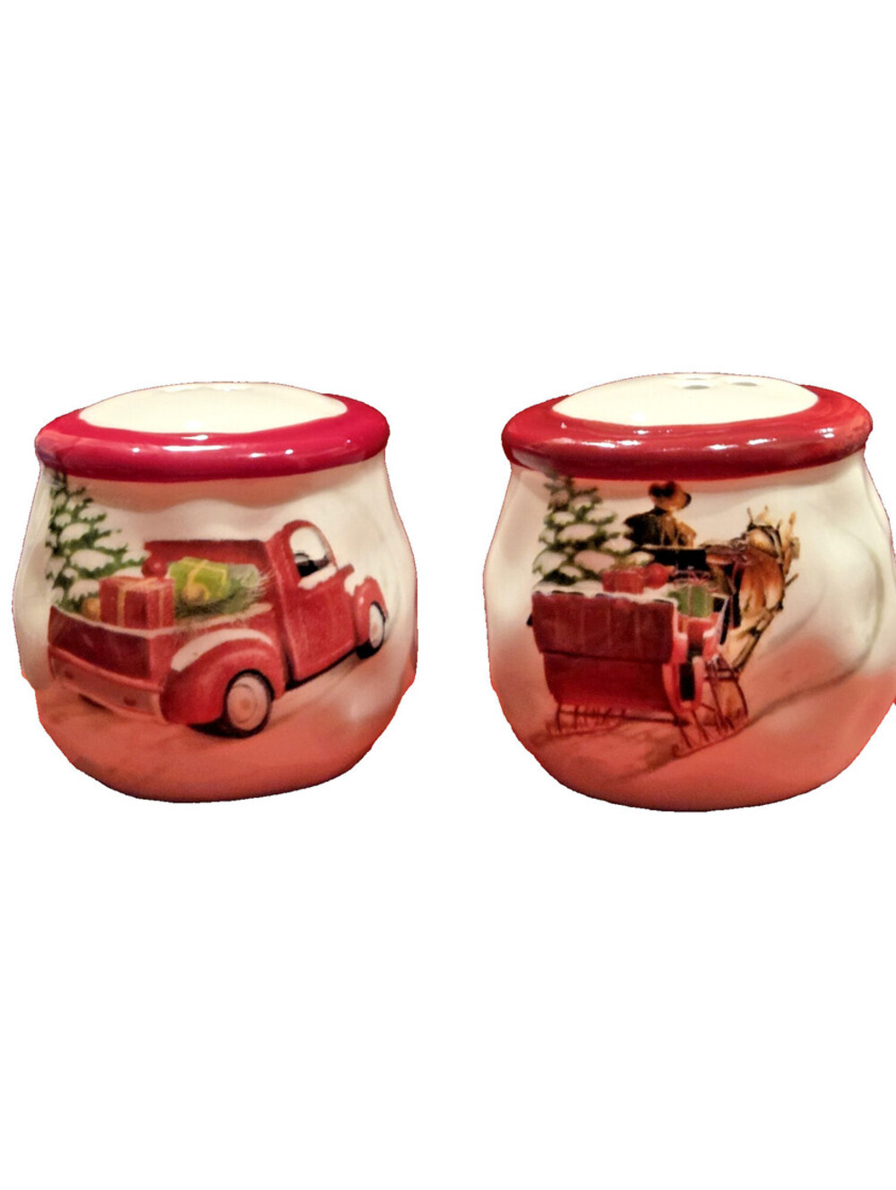 Holiday Sled And Old Vintage Truck  Salt Pepper Shakers Ceramic NEW IN BOX NICE!
